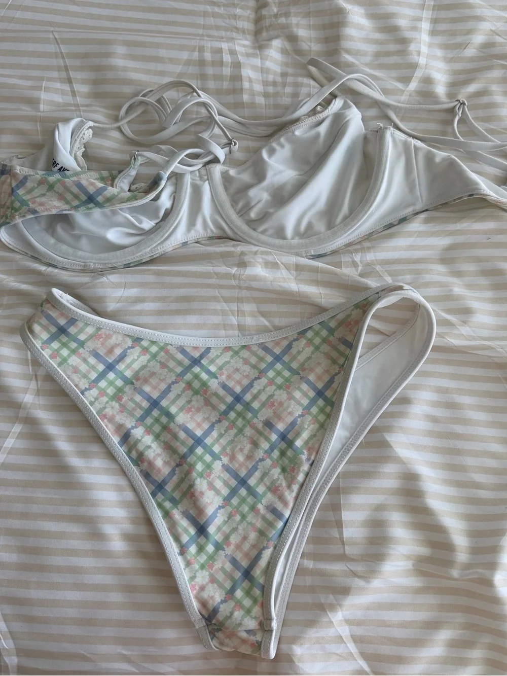 Frankie’s Bikinis x Djerf Avenue Pastel Plaid Lace trim Bikini Set